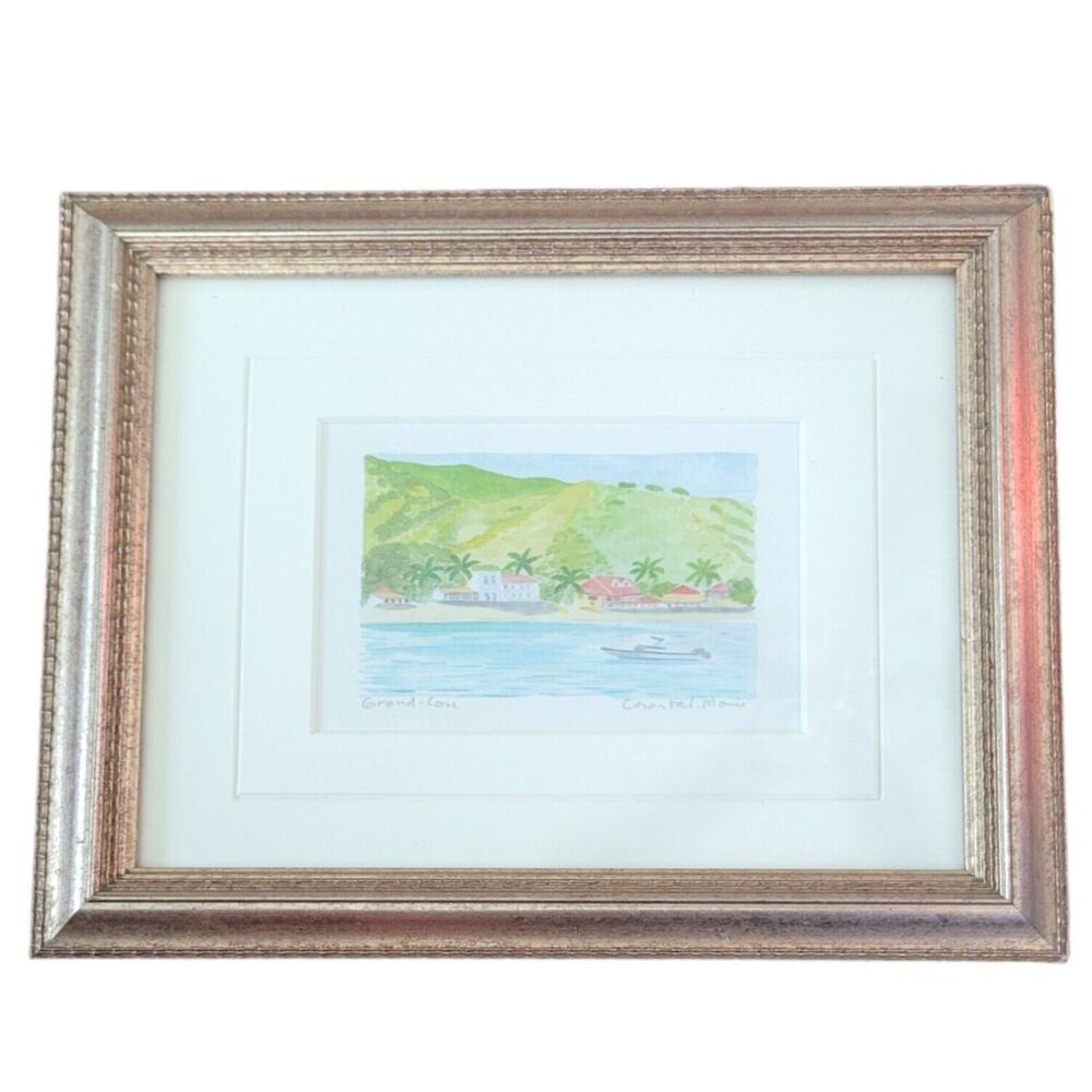Chantal Marie Grand Cove Saint Martin Watercolor Painting Framed 10in x 9in